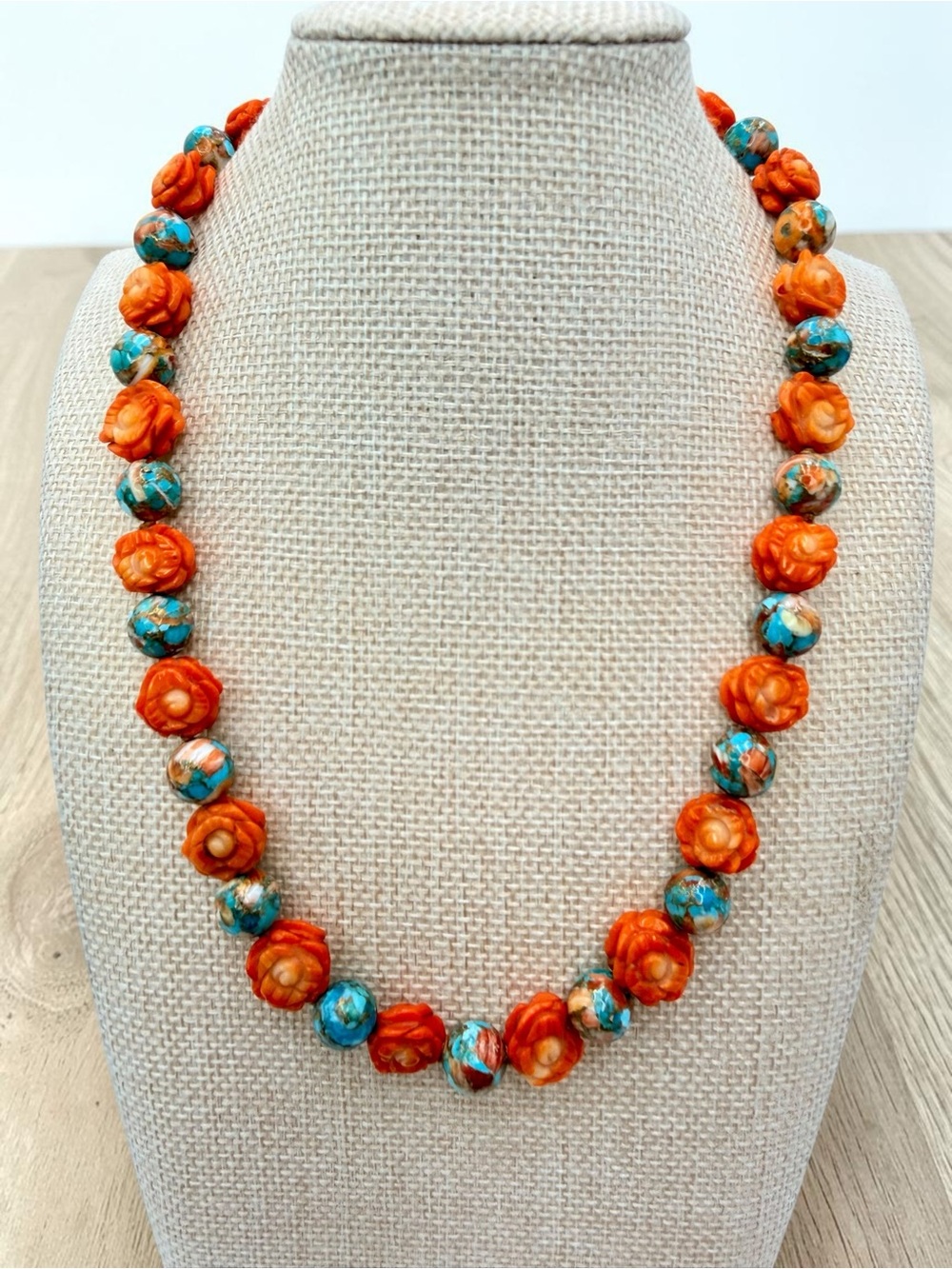 Artisan Spiny Oyster Mohave Copper Turquoise Coral Roses Sterling Necklace 18” - Picture 5 of 17